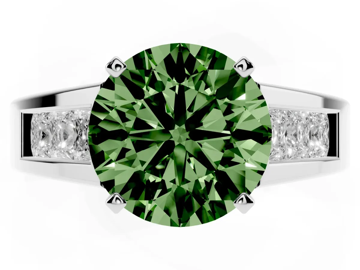 Fancy Green Round Cut Cut Channel Set Solitaire Ring with Four-Prong Setting Silver