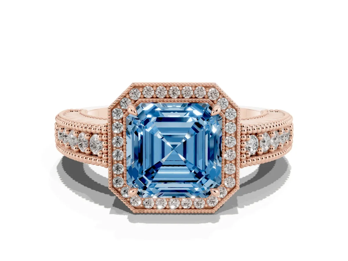 Fancy Blue Asscher Cut Cut Halo Diamond Ring with Pavé Band and Four-Prong Setting Rose gold