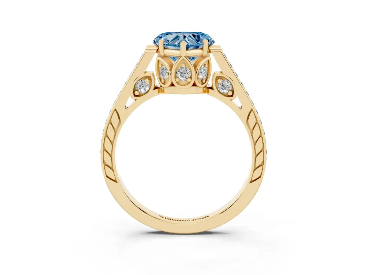 Fancy Blue Heart Cut Cut Cathedral Pave Diamond Engagement Ring with Six-Prong Setting Yellow gold