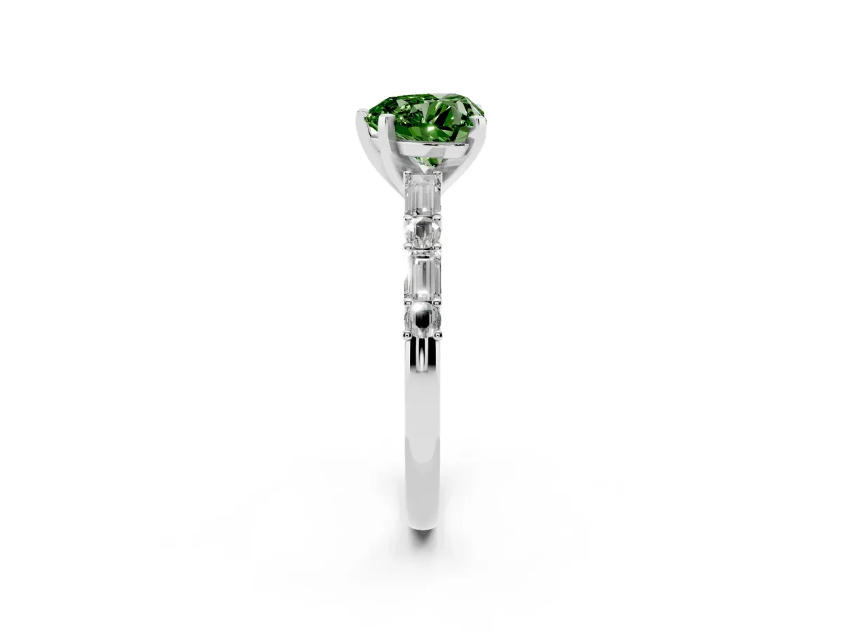 Fancy Green Heart Cut Diamond Solitaire with Side Baguettes and Channel Set Band White gold