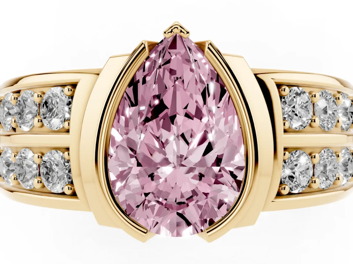 Fancy Pink Pear Cut Brilliant Diamond Channel Set Wide Band Ring with Bezel Setting Yellow gold