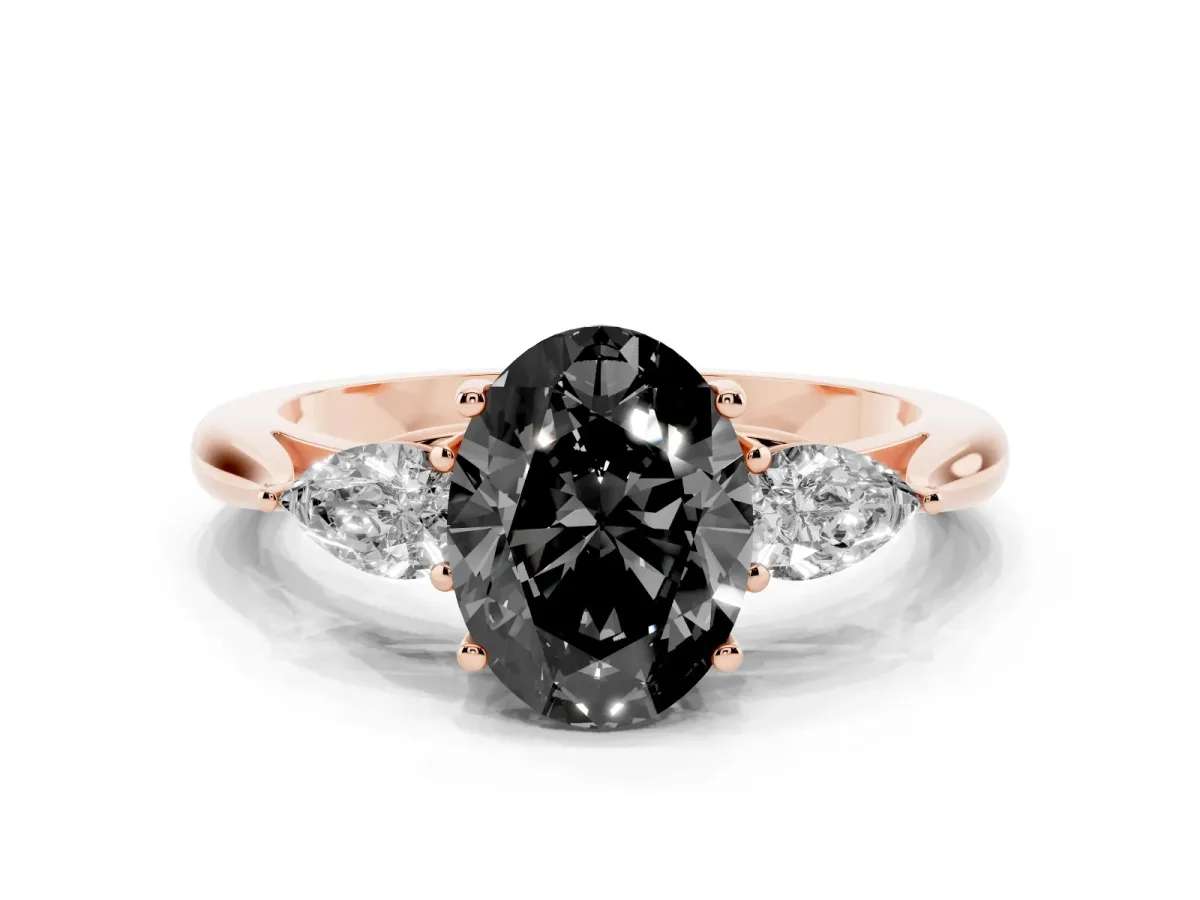 Fancy Black Oval Cut Diamond Three-Stone Ring with Pear Side Stones and Prong Setting Rose gold