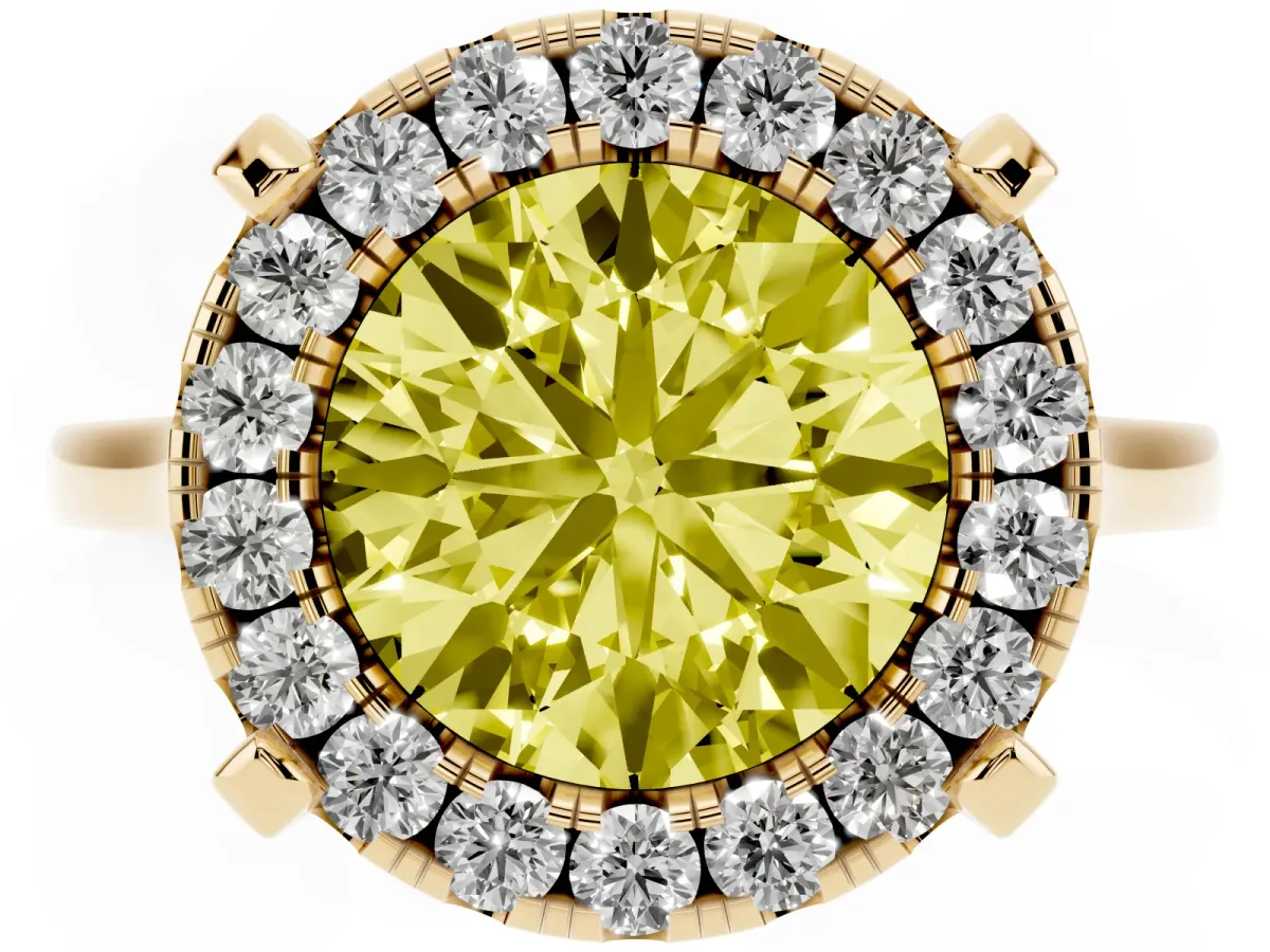 Fancy Yellow Round Cut Diamond Cluster Halo Solitaire with Four-Prong Setting Yellow gold