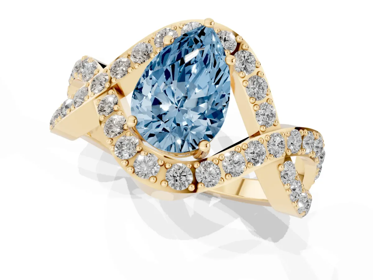 Fancy Blue Pear Cut Solitaire Twist Band Pavé Diamond Engagement Ring Yellow gold