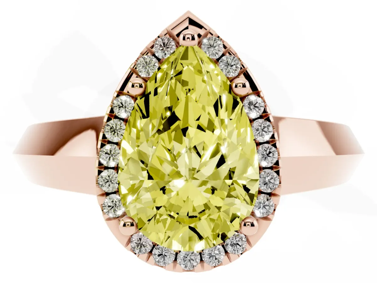 Fancy Yellow Pear Cut Halo Diamond Ring with Cathedral Band and Four-Prong Setting Rose gold