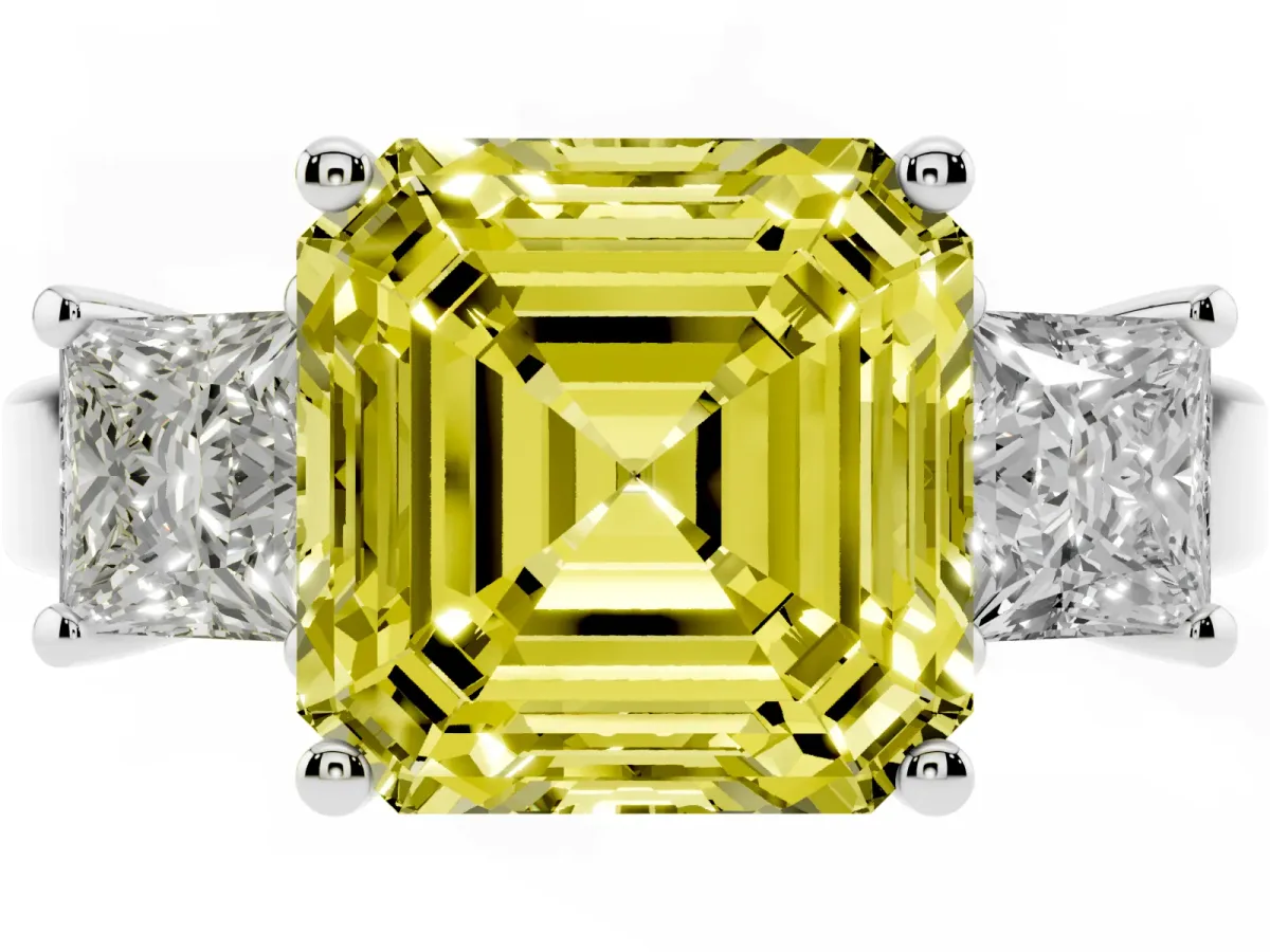 Fancy Yellow Three-Stone Asscher Cut Cut Solitaire Ring with Prong Setting Platinum