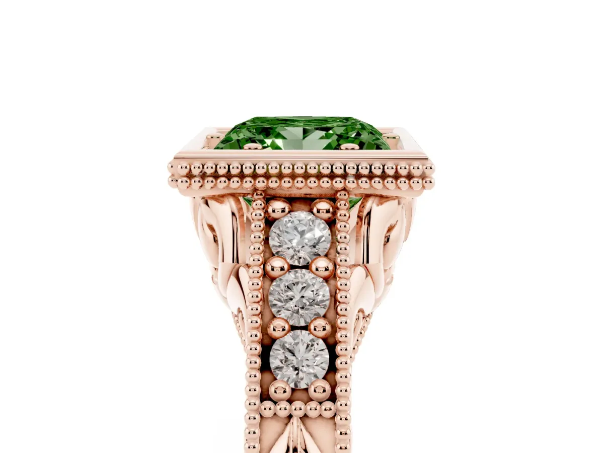 Fancy Green Bezel Set Princess Cut Diamond Milgrain Pave Engagement Ring Rose gold