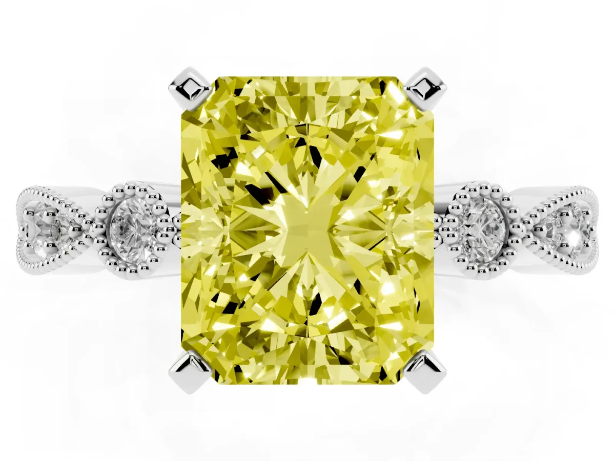 Fancy Yellow Radiant Cut Milgrain Bezel Diamond Engagement Ring with Solitaire Prong Setting Silver