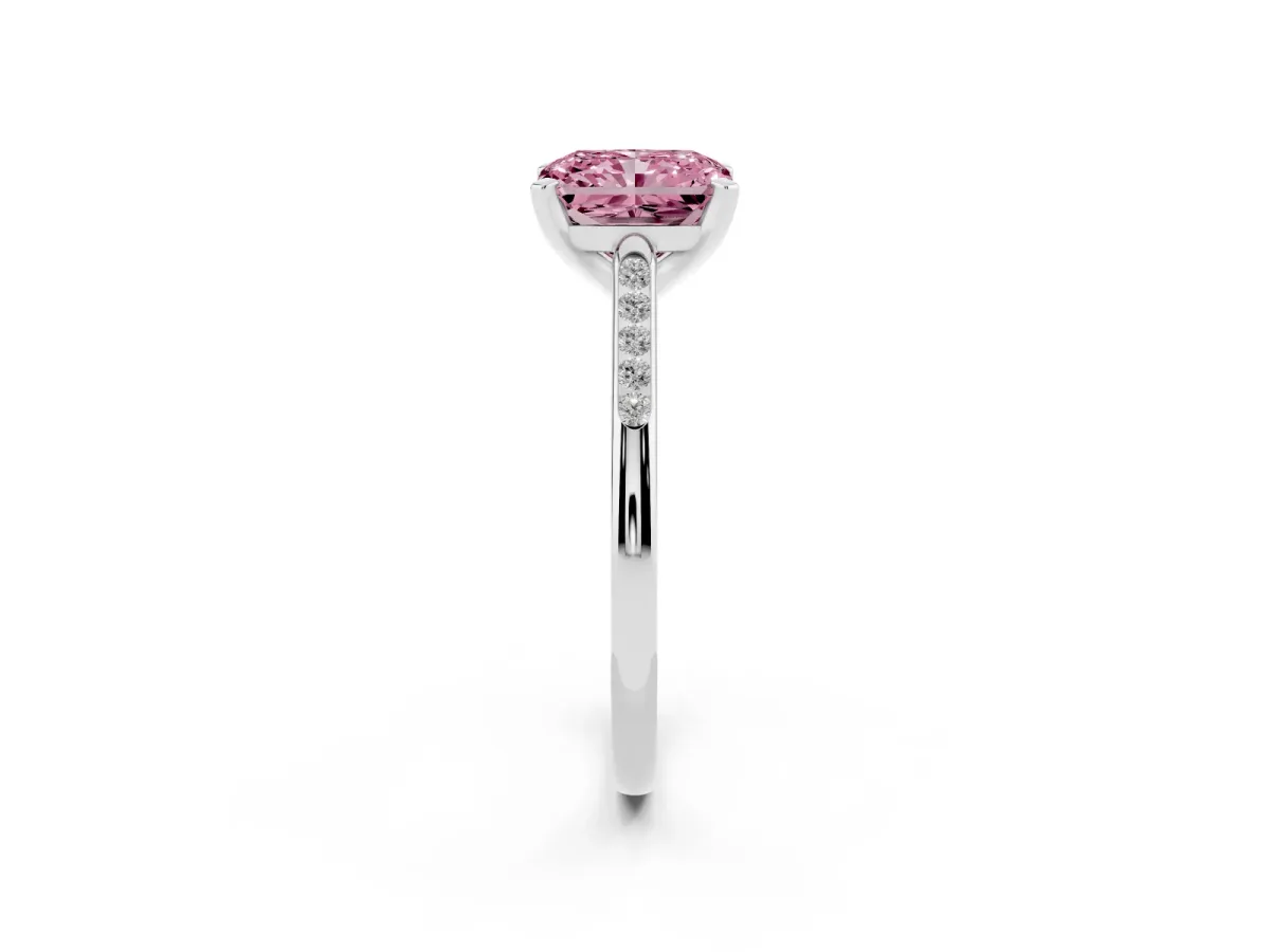 Fancy Pink Radiant Cut Diamond Solitaire Ring with Channel Set Round Band and Prong Setting Silver