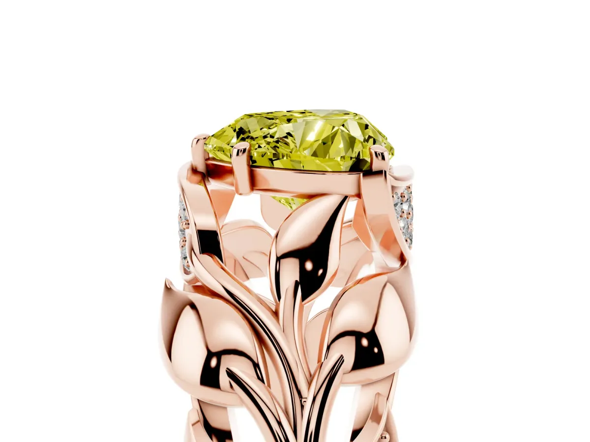 Fancy Yellow Heart Cut Diamond Leaf-Inspired Engagement Ring with Round Accents and Prong Setting Rose gold