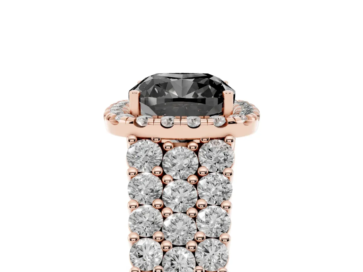 Fancy Black Cushion Cut Diamond Halo Engagement Ring with Triple Row Round Pavé Band and Prong Setting Rose gold