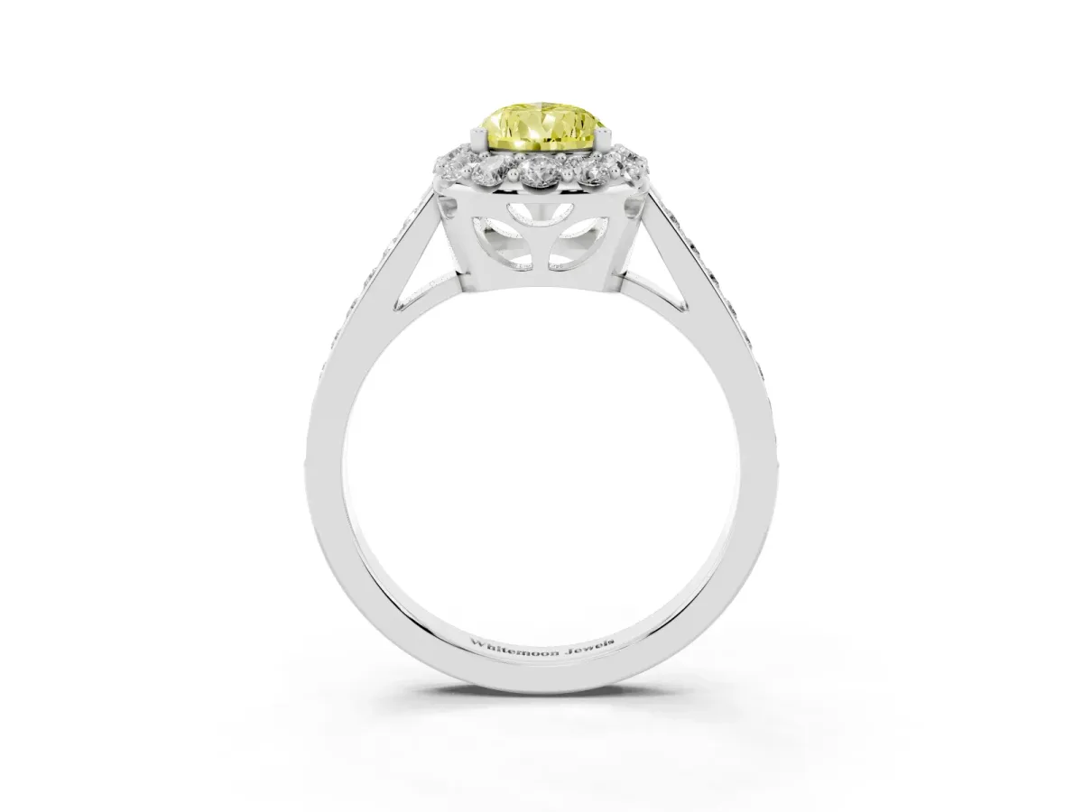 Fancy Yellow Pear Cut Diamond Floral Halo Ring with Pavé Band and Prong Setting Platinum