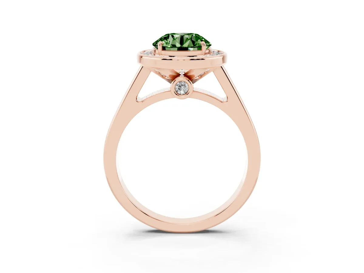 Fancy Green Round Cut Halo Solitaire Diamond Ring with Pave Band and Bezel Setting Rose gold