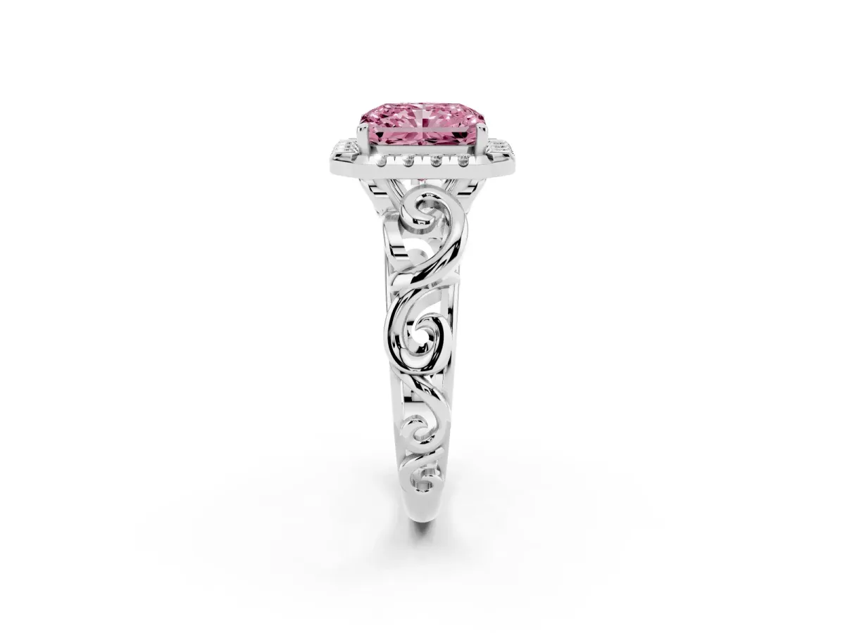 Fancy Pink Radiant Cut Cut Halo Diamond Ring with Scrollwork Band and Four-Prong Setting Silver