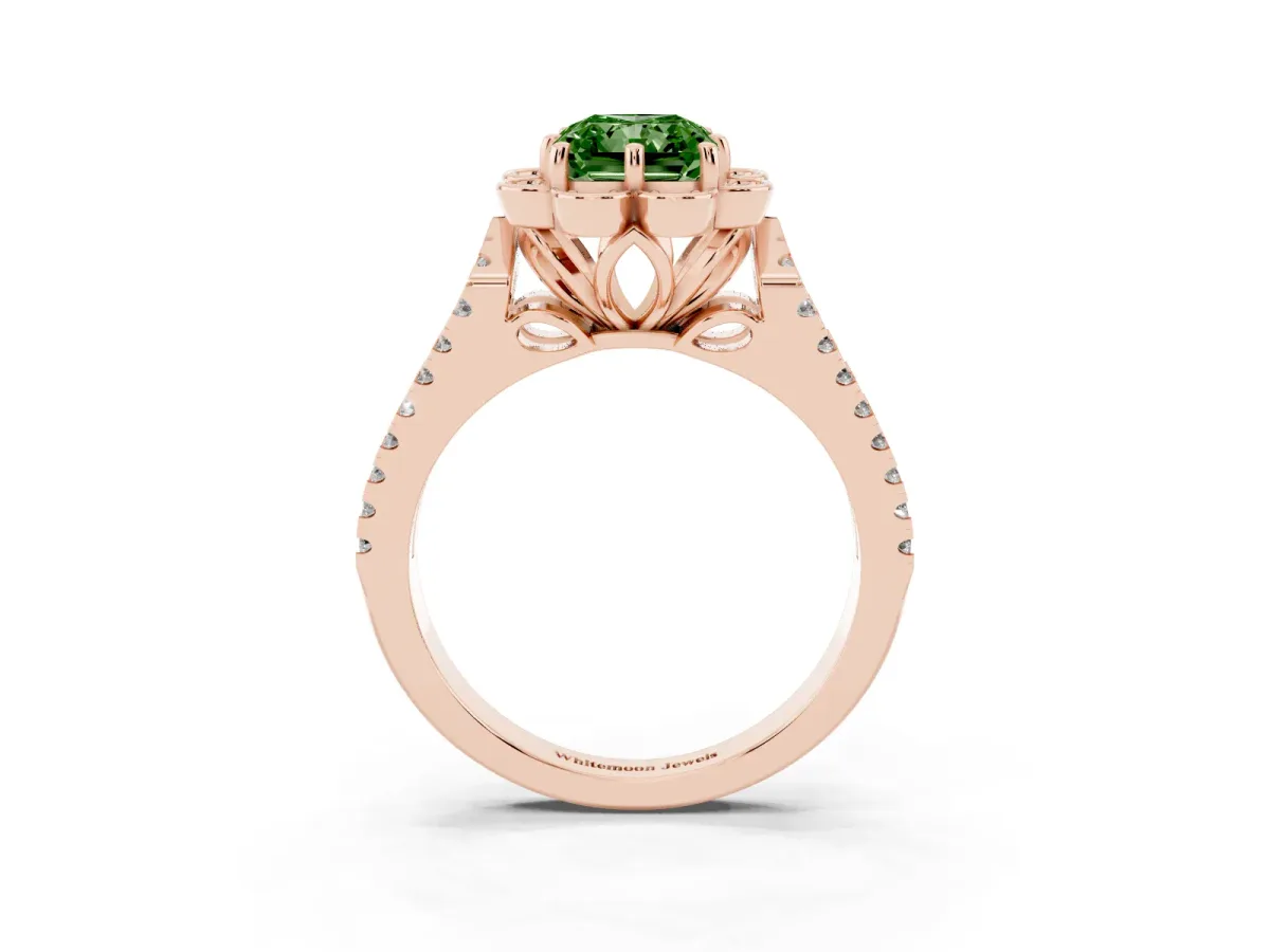 Fancy Green Radiant Cut Halo Diamond Floral Split Shank Engagement Ring Rose gold