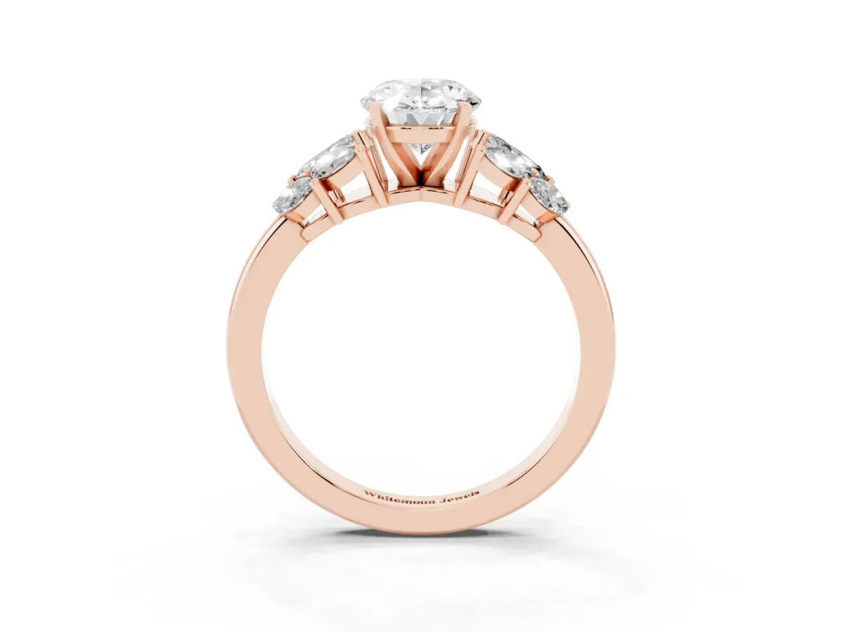 Oval Cut Diamond Cluster Leaf Design Ring with Prong Setting Rose gold