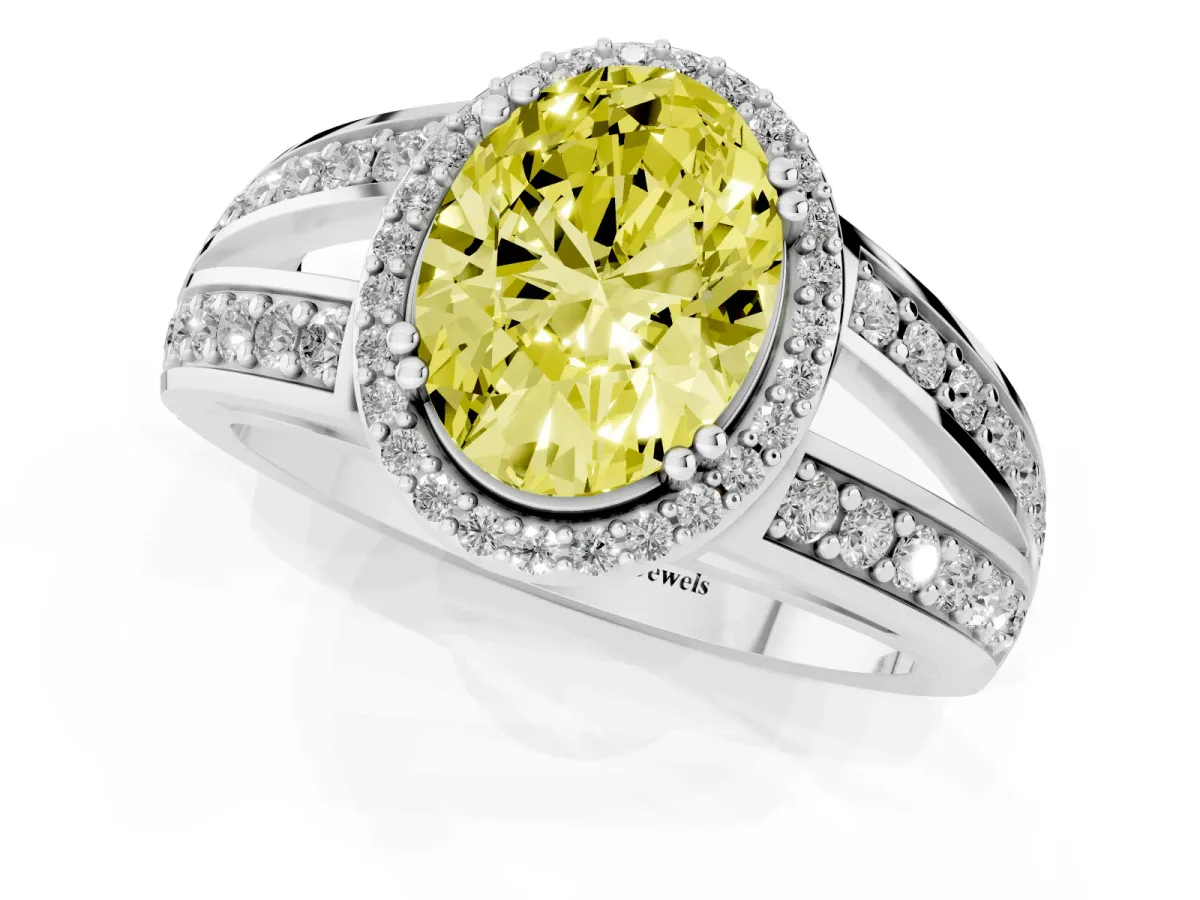 Fancy Yellow Oval Cut Diamond Halo Ring with Split Shank Pavé Band and Four-Prong Setting Platinum
