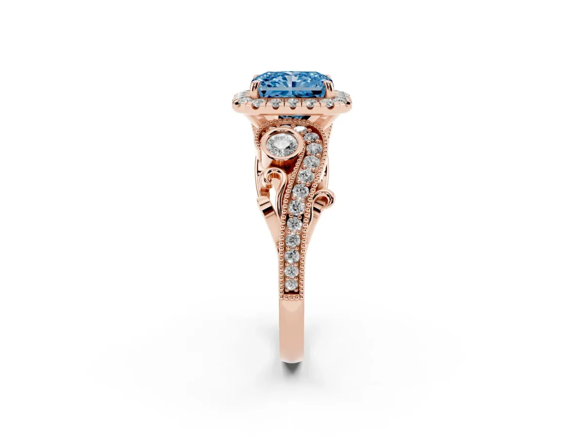Fancy Blue Radiant Cut Halo Diamond Ring with Milgrain and Bezel Accents on a Split Shank Band Rose gold