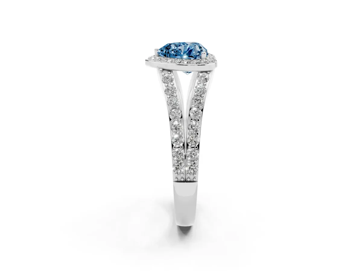 Fancy Blue Heart Cut Diamond Split Shank Halo Ring with Four-Prong Setting White gold