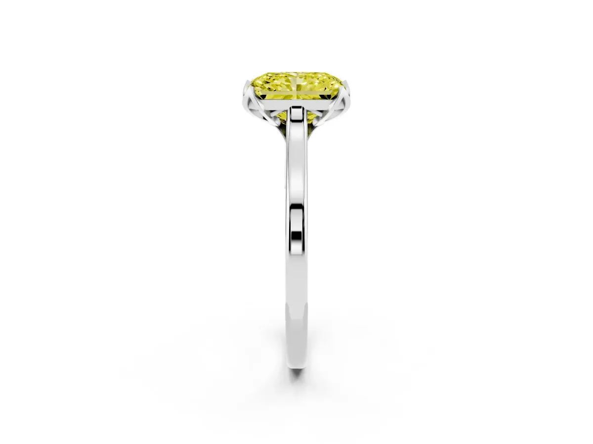 Fancy Yellow Radiant Cut Diamond Solitaire Ring with Flower Prong Setting and Classic Band Platinum