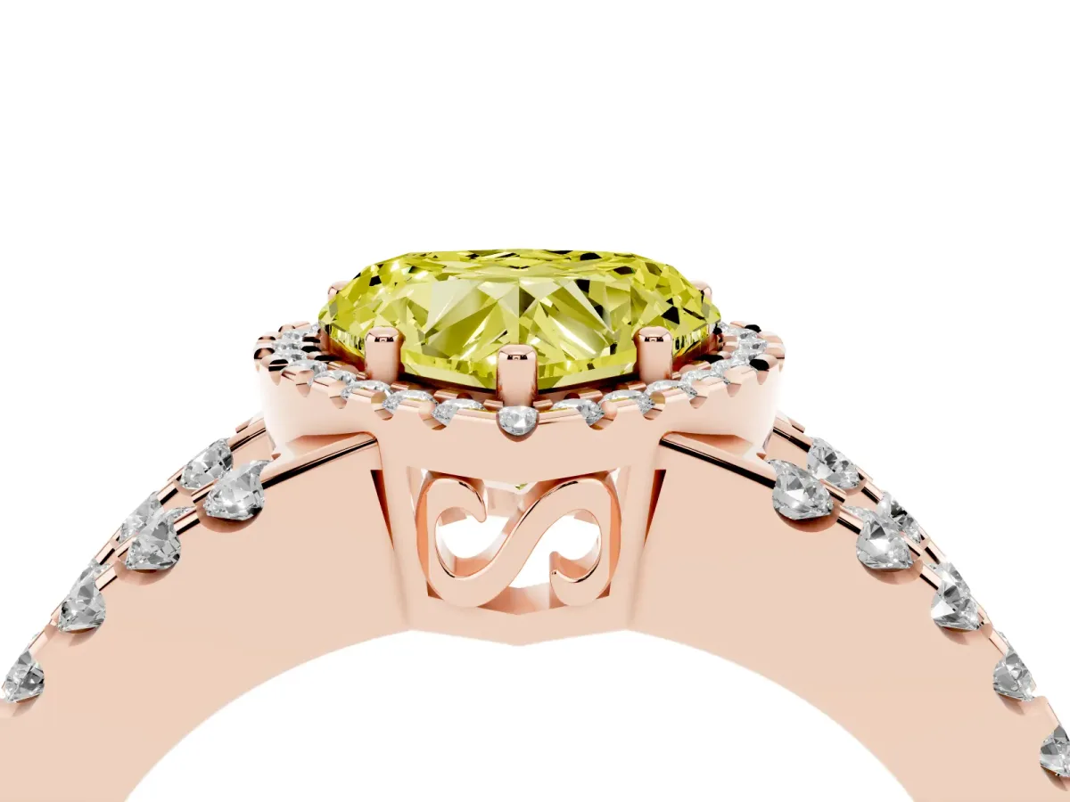 Fancy Yellow Heart Cut Cut Halo Split Shank Diamond Ring with Four-Prong Setting Rose gold