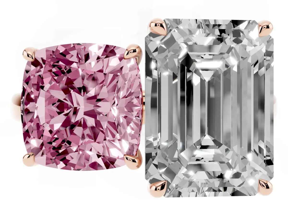 Fancy Pink Cushion Cut and Emerald Cut Toi Moi Ring with Prong Setting Rose gold