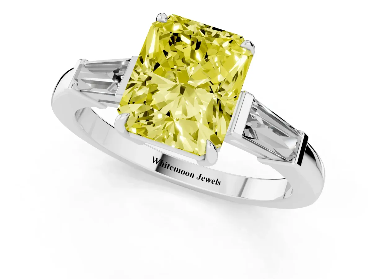 Fancy Yellow Radiant Cut Diamond Three-Stone Ring with Tapered Baguette Side Stones and Prong Setting Silver