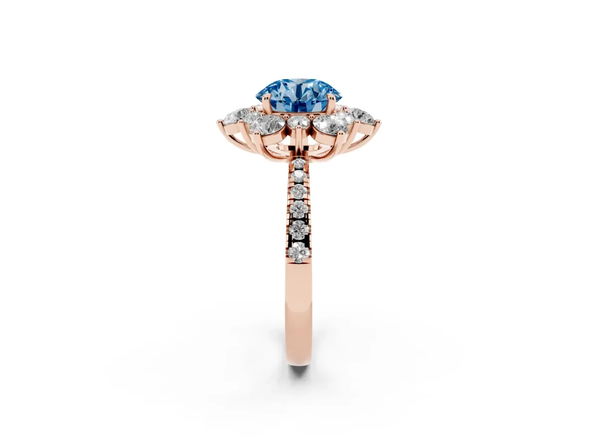 Fancy Blue Round Cut Diamond Floral Halo Ring with Round Pavé Band and Prong Setting Rose gold