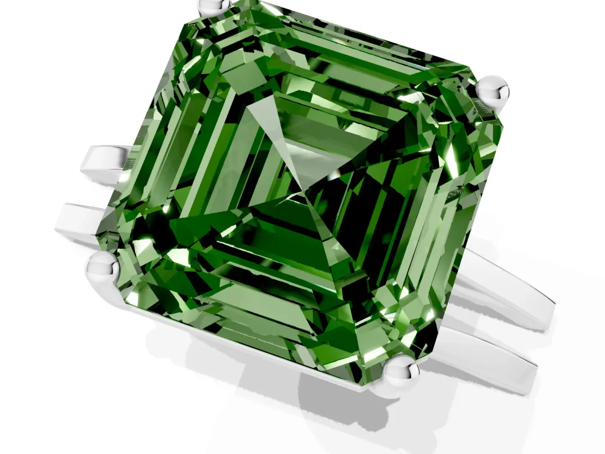 Fancy Green Asscher Cut Cut Diamond Solitaire Engagement Ring with Tapered Plain Band and Four-Prong Setting Silver