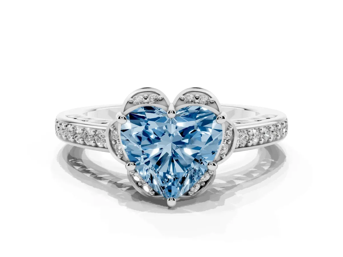 Fancy Blue Heart Cut Cut Halo Diamond Ring with Channel Set Band and Four-Prong Setting Platinum