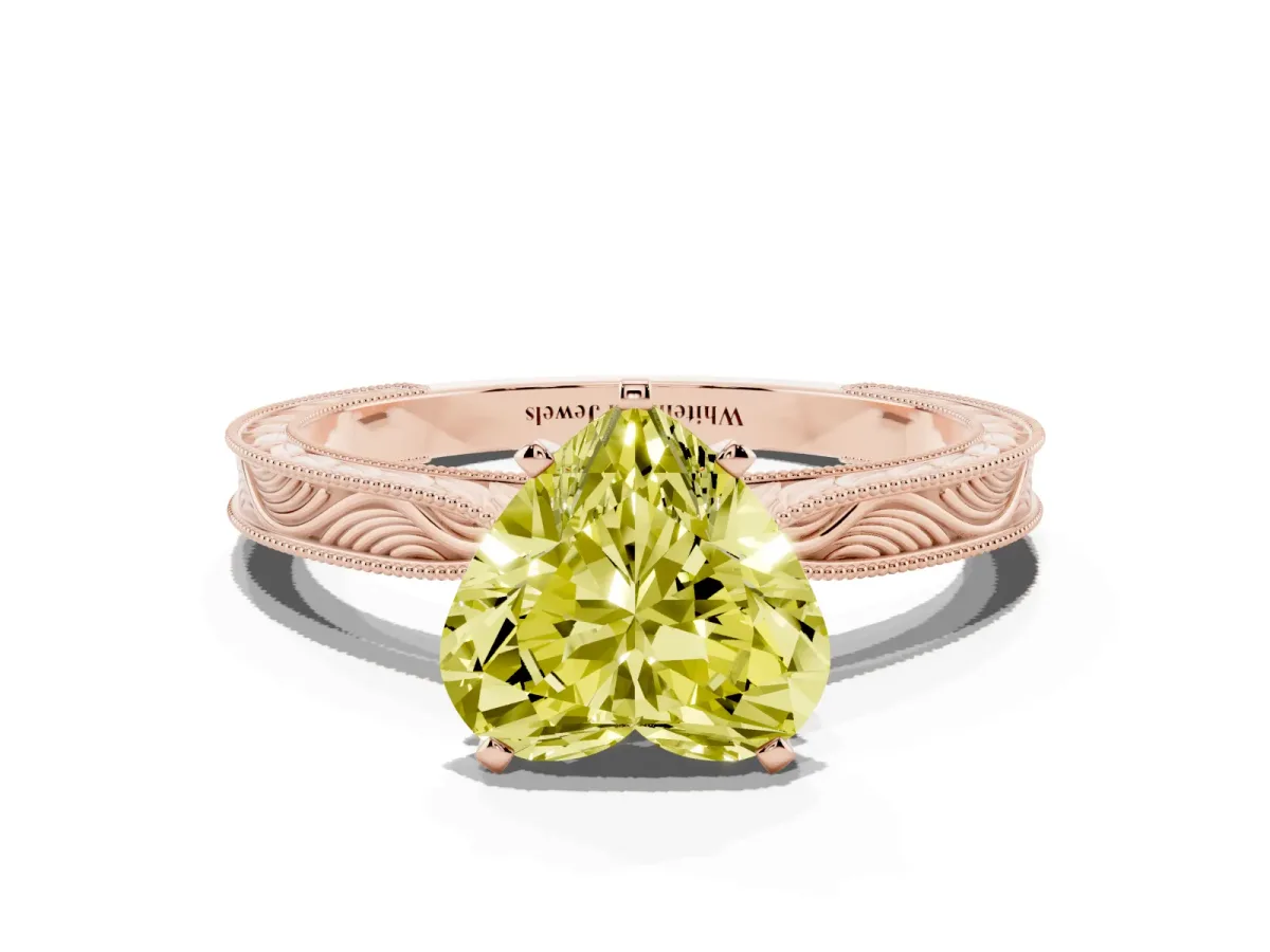Fancy Yellow Heart Cut Solitaire Milgrain Engraved Band with Four-Prong Setting Rose gold
