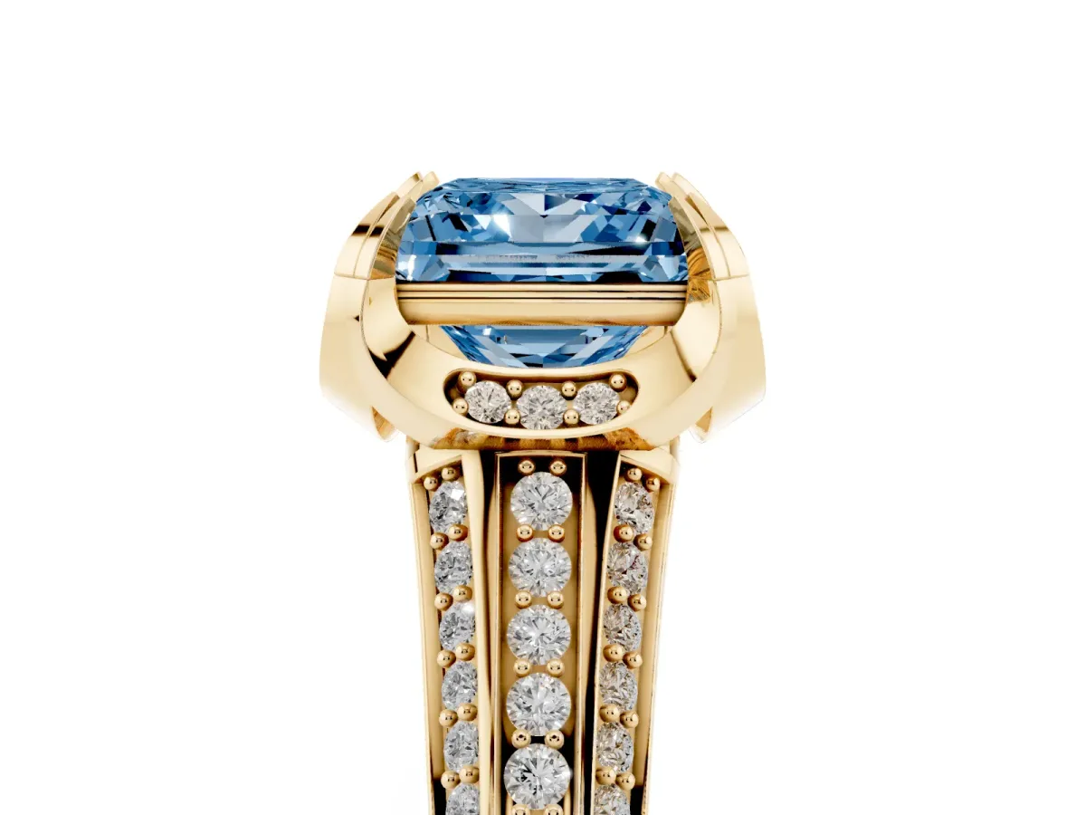 Fancy Blue Princess Cut Solitaire Pave Split Shank Ring with Four-Prong Setting Yellow gold