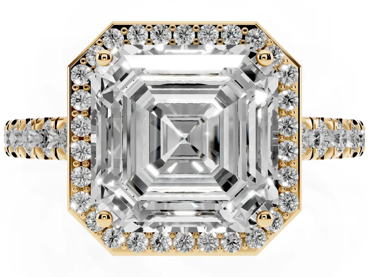 Asscher Cut Cut Halo Diamond Engagement Ring with Pave Band and Four-Prong Setting Yellow gold