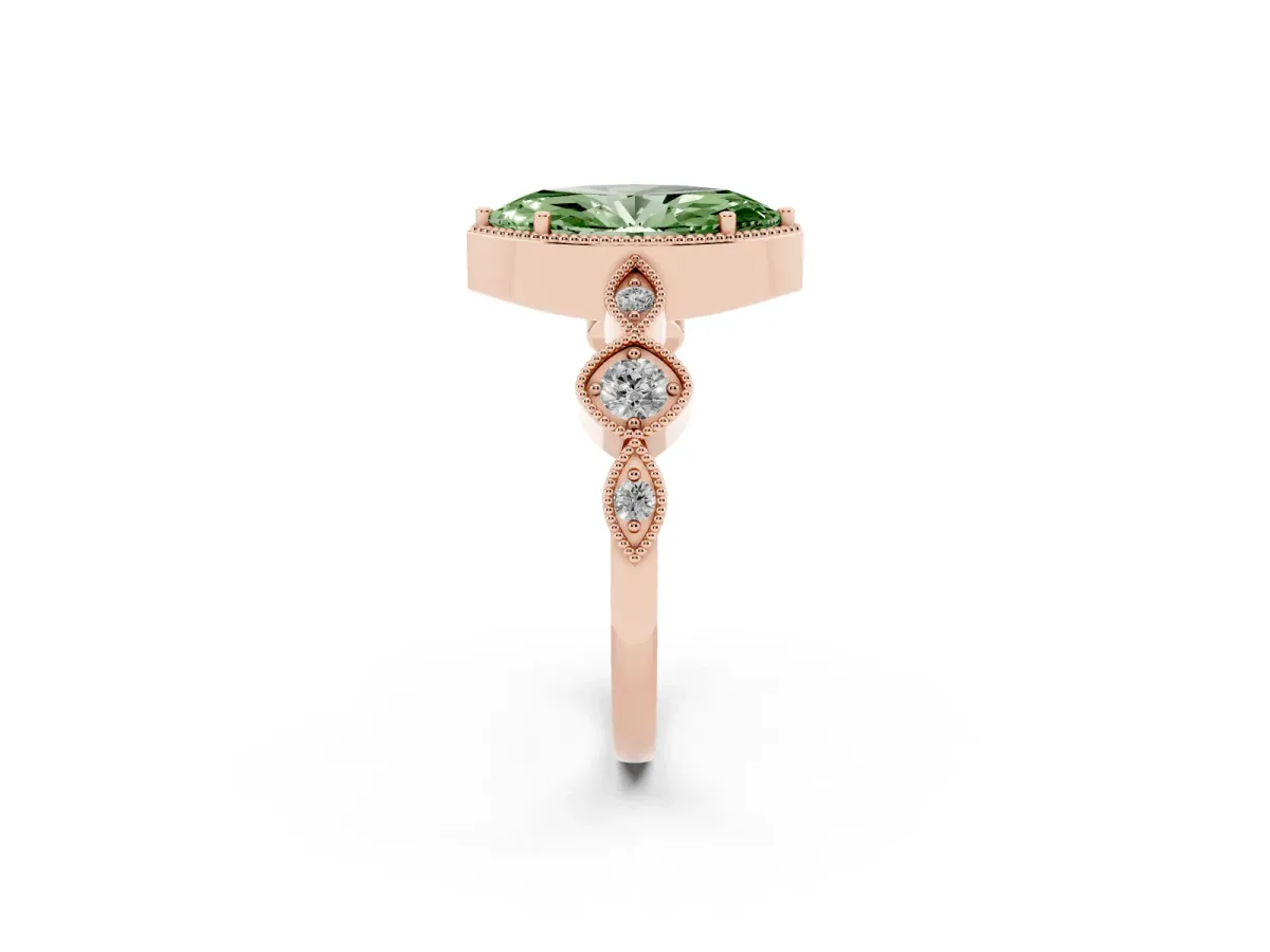 Fancy Green Marquise Cut Diamond Vintage Milgrain Ring with Round Stations Rose gold