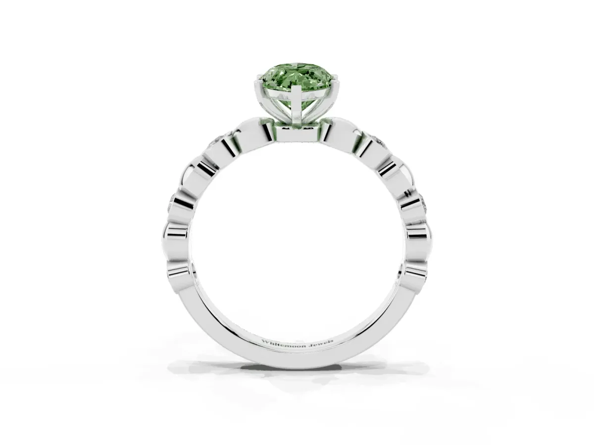 Fancy Green Marquise Cut Solitaire Bezel-Set Diamond Ring with Beaded Band and Four-Prong Setting Platinum