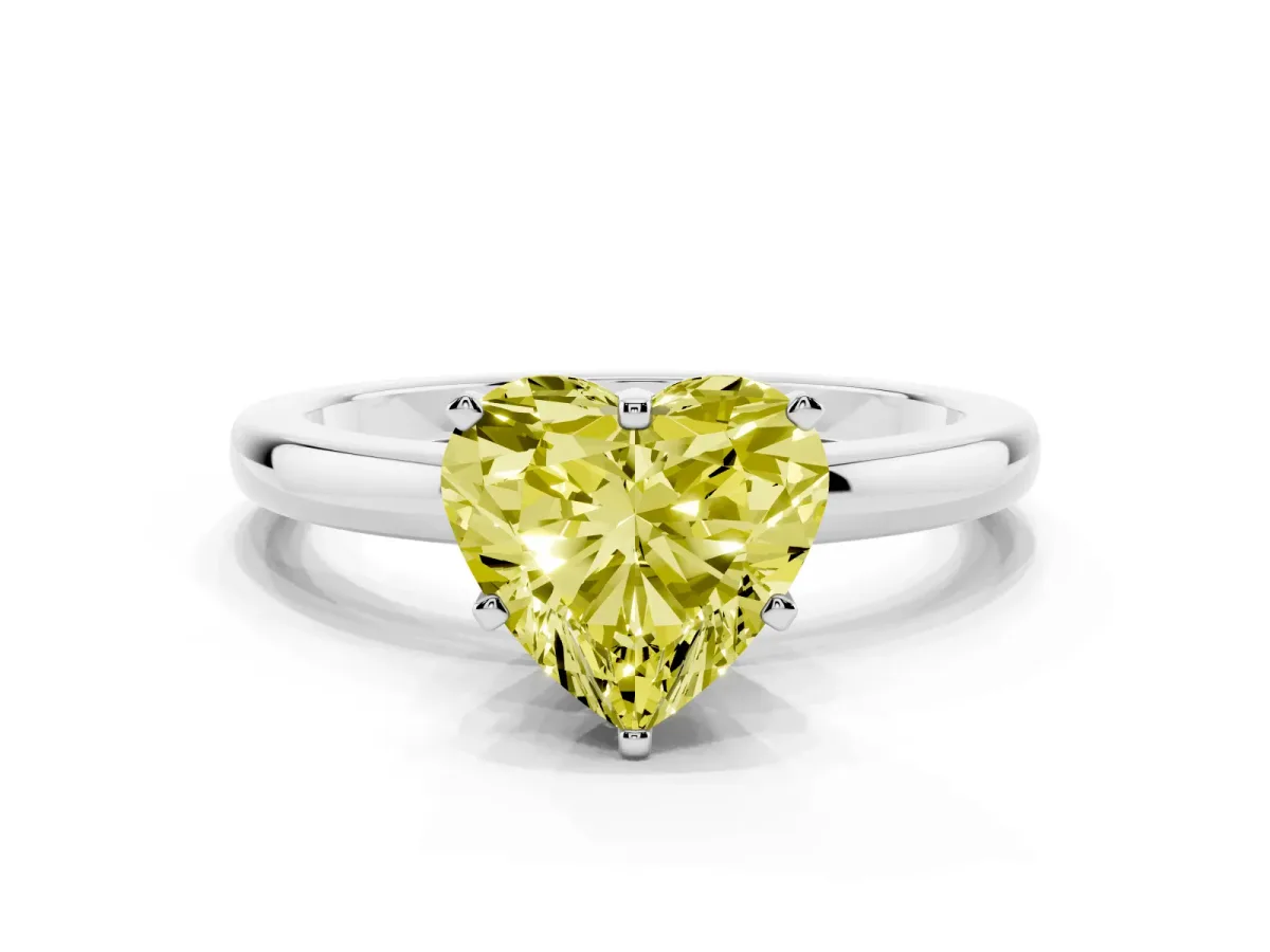 Fancy Yellow Heart Cut Solitaire Diamond Ring with Six-Prong Setting on a Classic Band Silver
