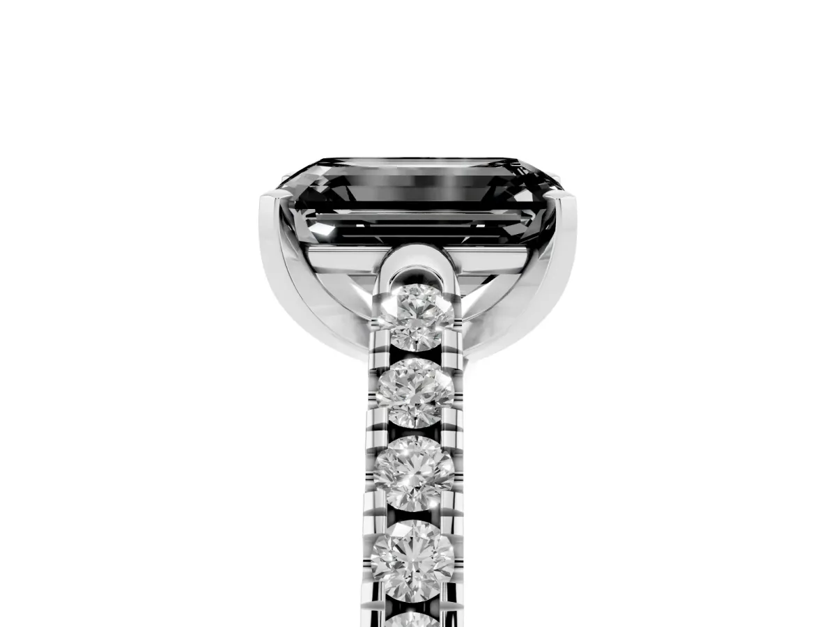 Fancy Black Emerald Cut Diamond Pavé Band Solitaire Ring with Prong Setting Silver
