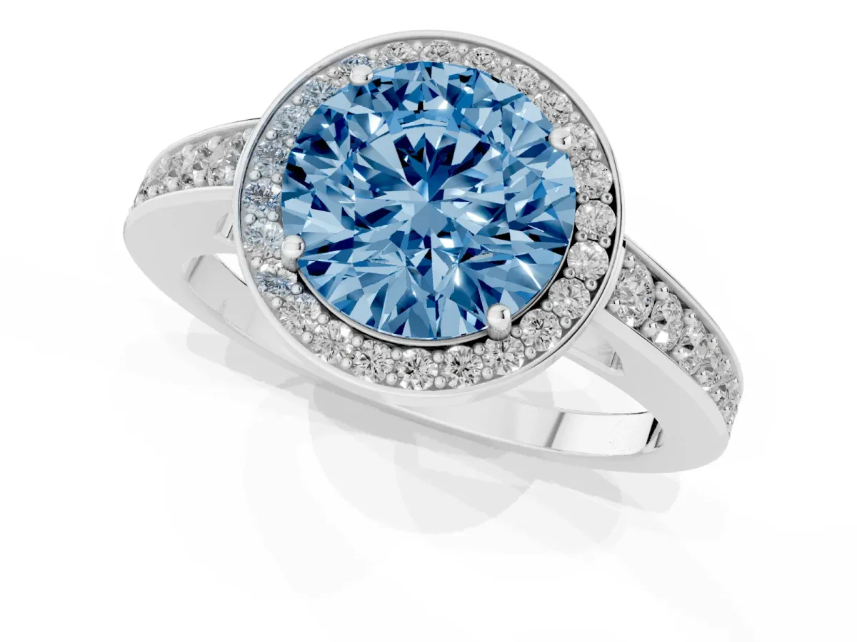 Fancy Blue Round Cut Halo Pavé Diamond Engagement Ring with Bezel Setting Silver