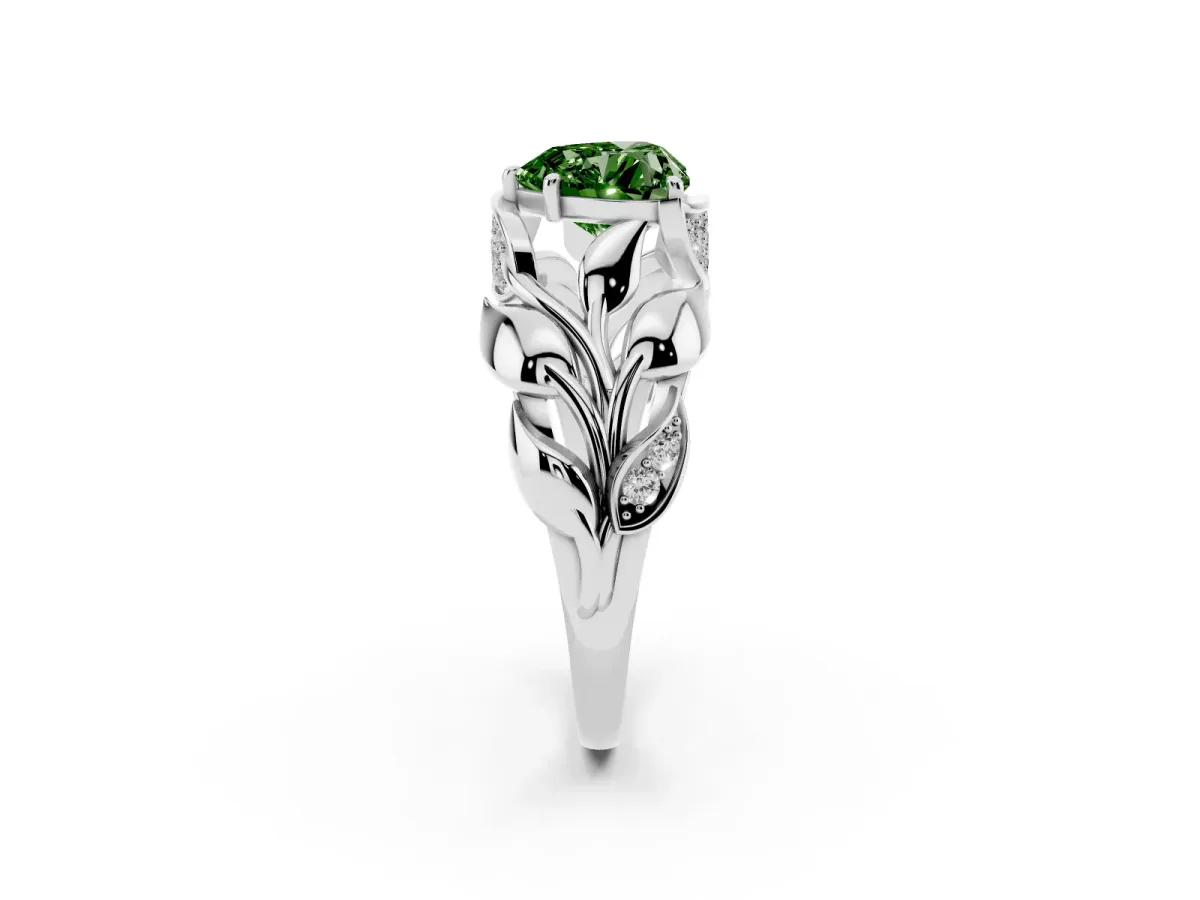 Fancy Green Heart Cut Diamond Leaf-Inspired Engagement Ring with Round Accents and Prong Setting White gold