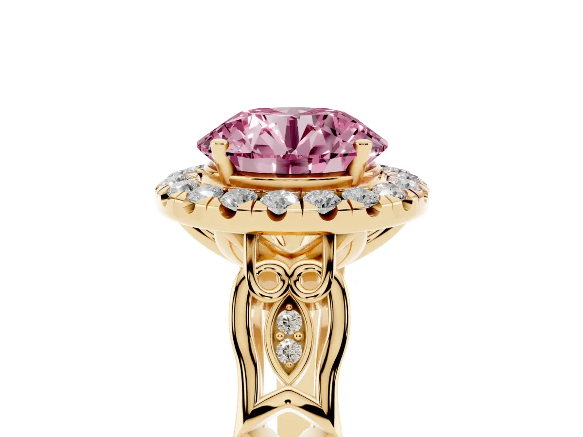 Fancy Pink Round Cut Halo Diamond Engagement Ring with Filigree Band and Four-Prong Setting Yellow gold