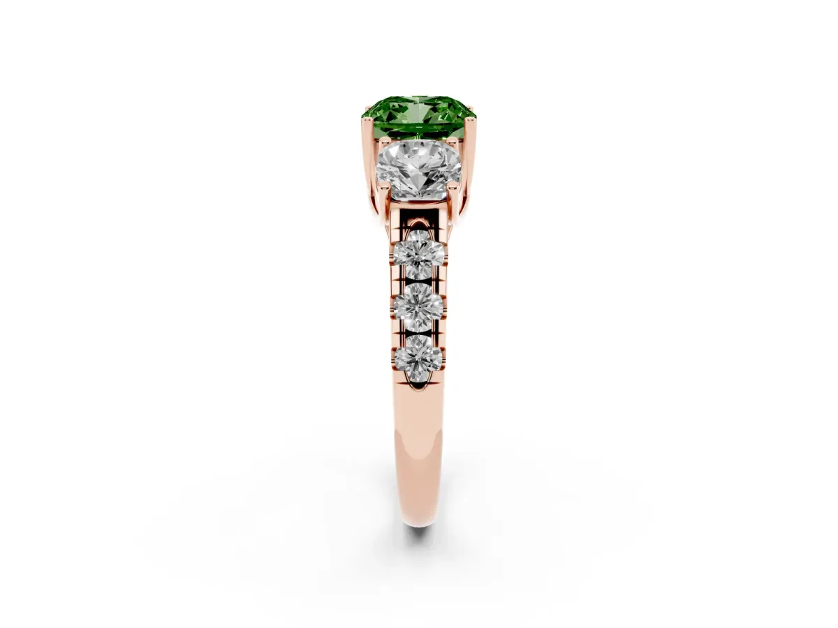 Fancy Green Three-Stone Cushion Cut Diamond Pavé Band with Prong Setting Rose gold
