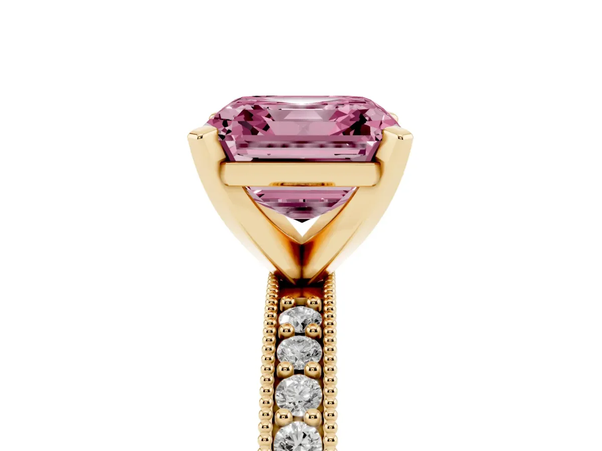 Fancy Pink Asscher Cut Diamond Milgrain Pavé Engagement Ring with Four-Prong Setting Yellow gold