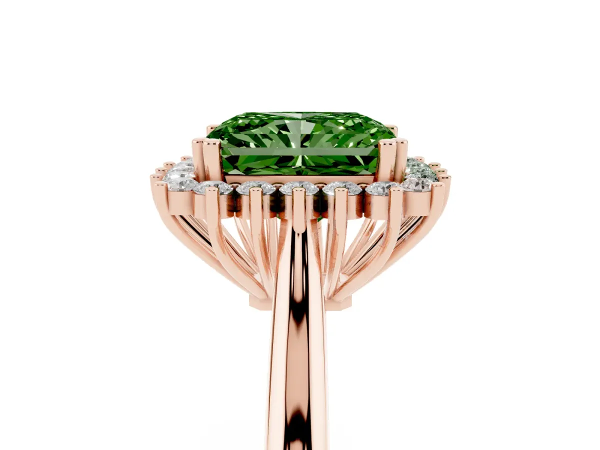 Fancy Green Radiant Cut Cut Diamond Halo Ring with Solitaire Band and Prong Setting Rose gold