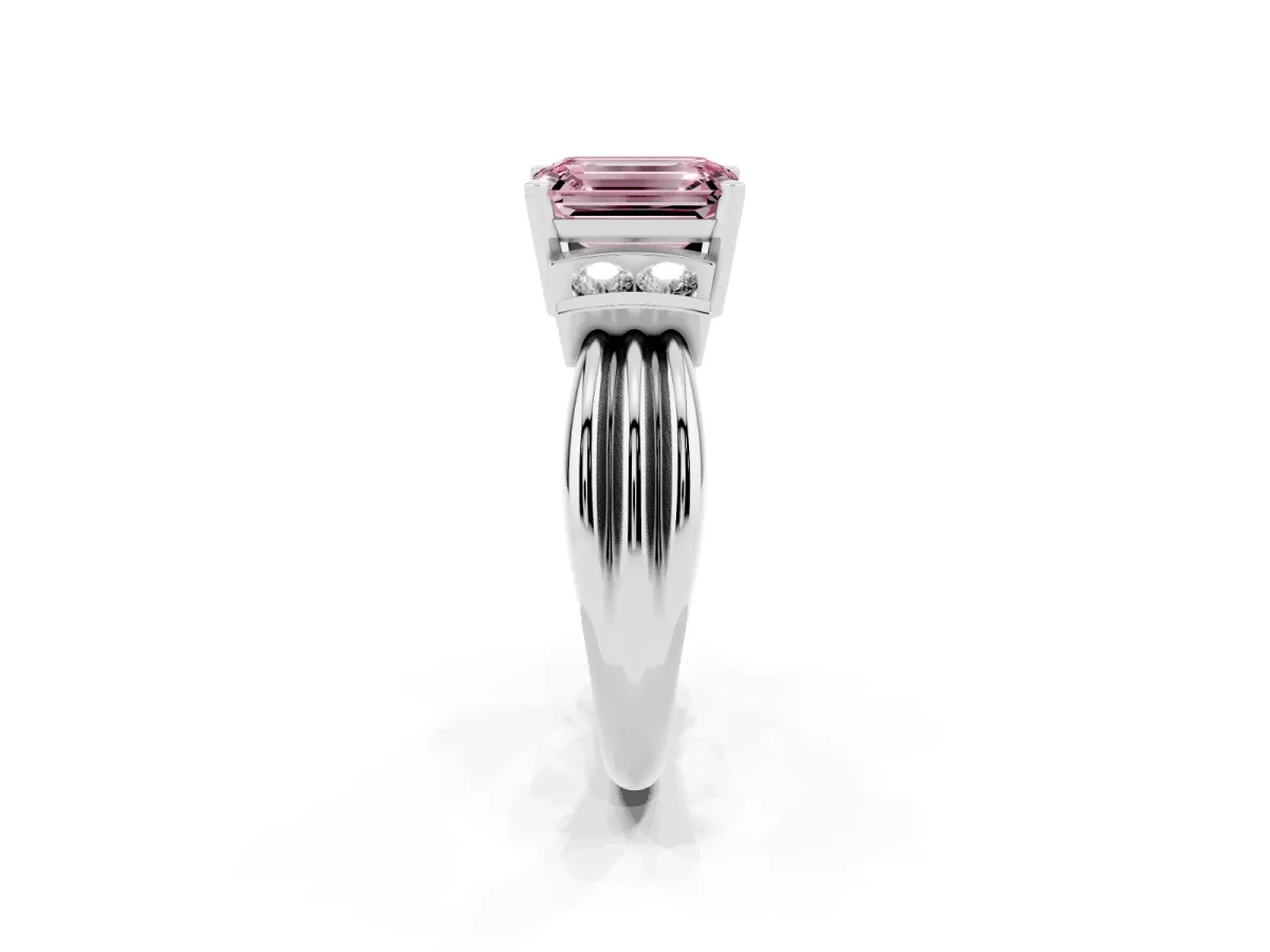 Fancy Pink Emerald Cut Cut Three-Stone Channel Set Ring with Bar Prongs Silver