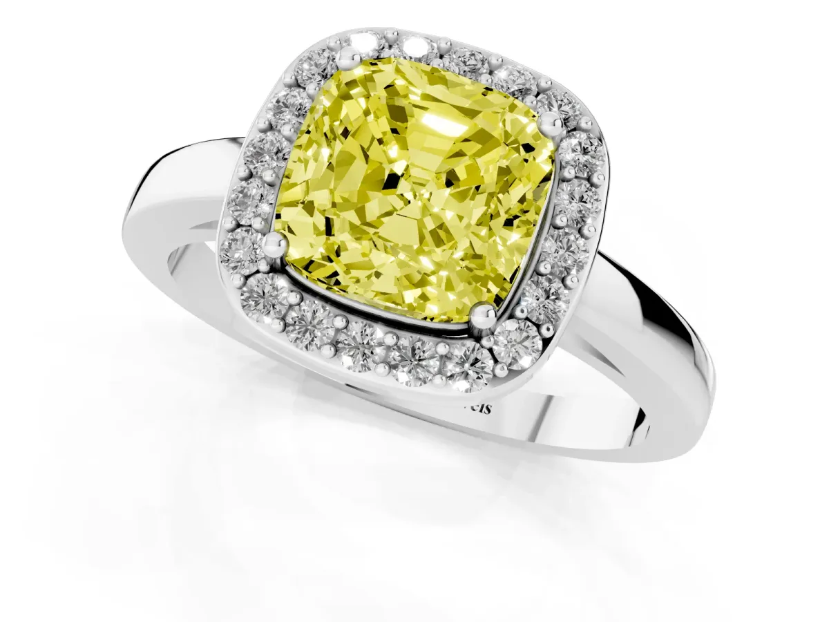 Fancy Yellow Cushion Cut Halo Diamond Ring with Solitaire Band and Prong Setting Platinum