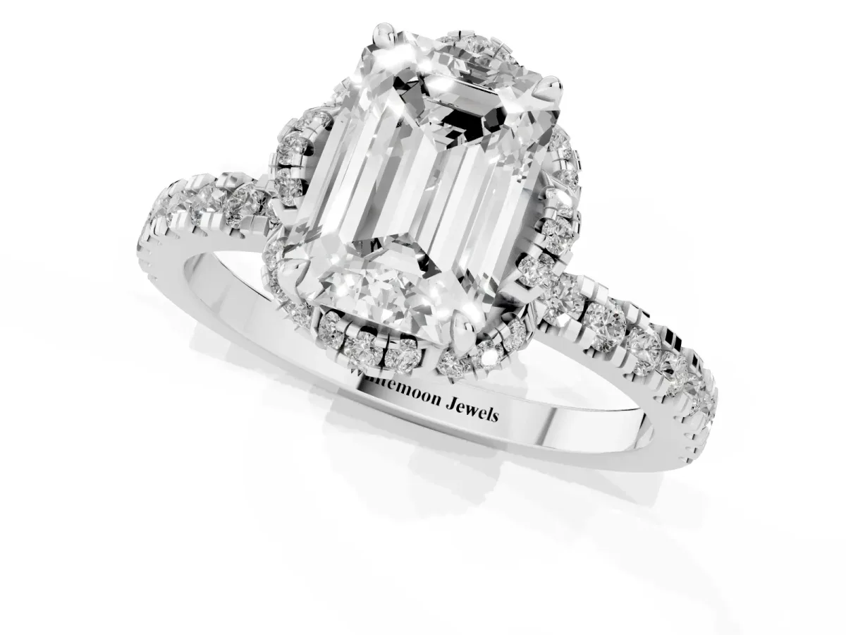 Emerald Cut Diamond Halo Pave Band with Four-Prong Setting Silver