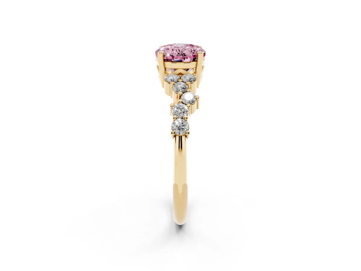 Fancy Pink Oval Cut Diamond Scattered Round Accent Ring with Prong Setting Yellow gold