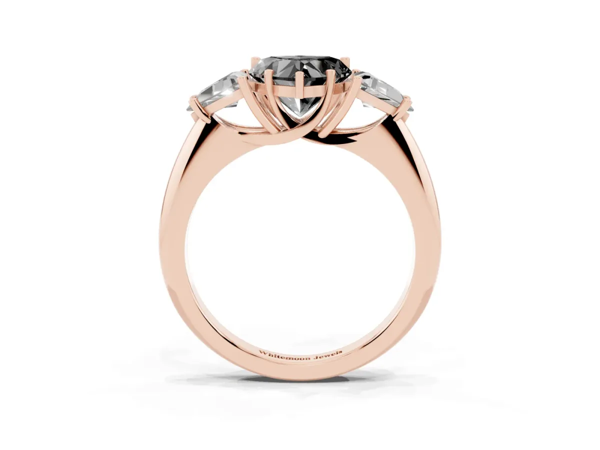 Fancy Black Three-Stone Heart Cut Diamond Engagement Ring with Trillion Side Stones and Prong Setting Rose gold