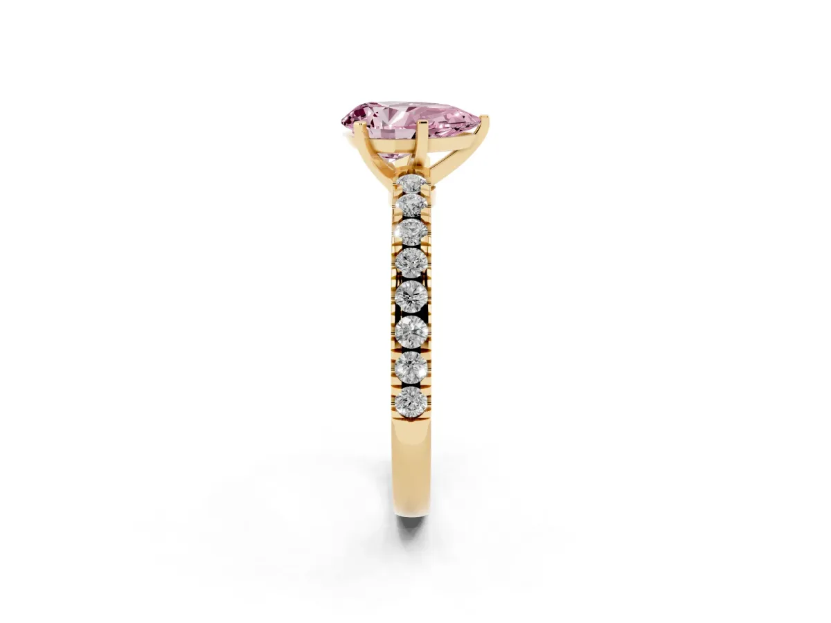 Fancy Pink Pear Cut Solitaire Diamond with Pavé Band and Four-Prong Setting Yellow gold