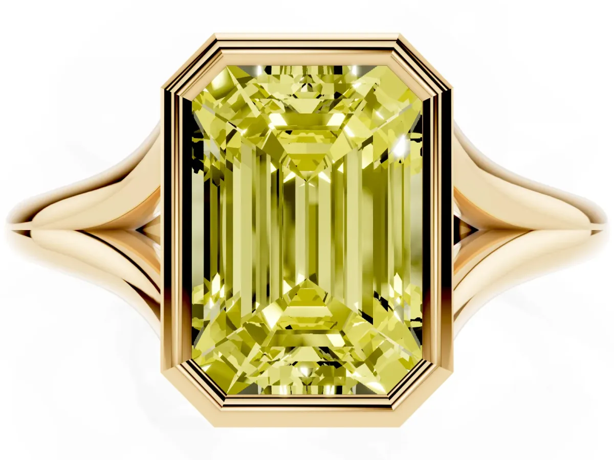 Fancy Yellow Bezel Set Emerald Cut Cut Solitaire Ring with Tapered Band Yellow gold